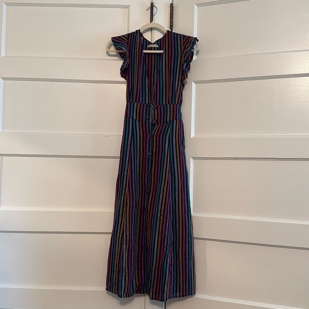 Marine Layer Camila Dress V-Neck Flutter Sleeves Midi Blue Multi Stripe XS